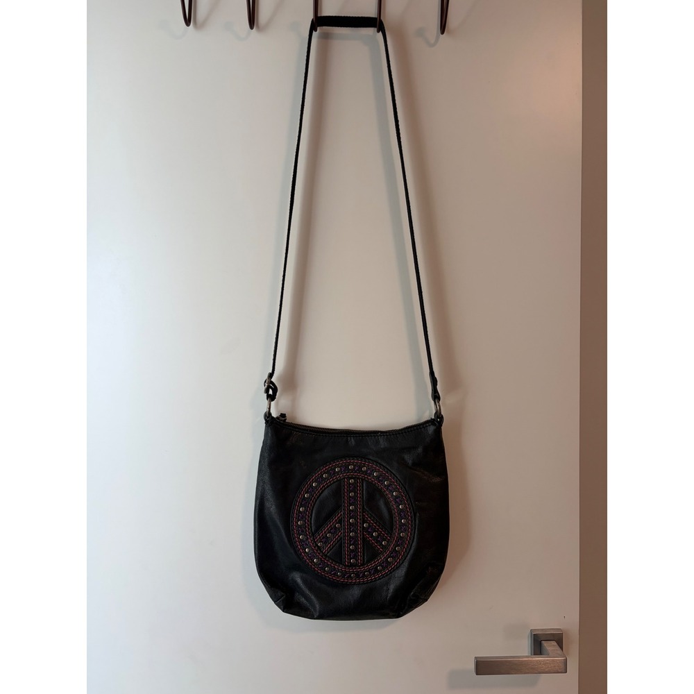 The Sak Black Leather Peace Sign Crossbody Bag Studded Embroidered Boho Purse